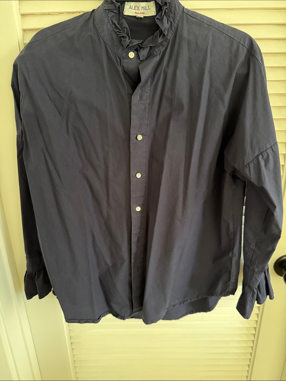Alex Mill Navy Ruffled Stand-Collar Button-Down Shirt - Picture 3 of 3